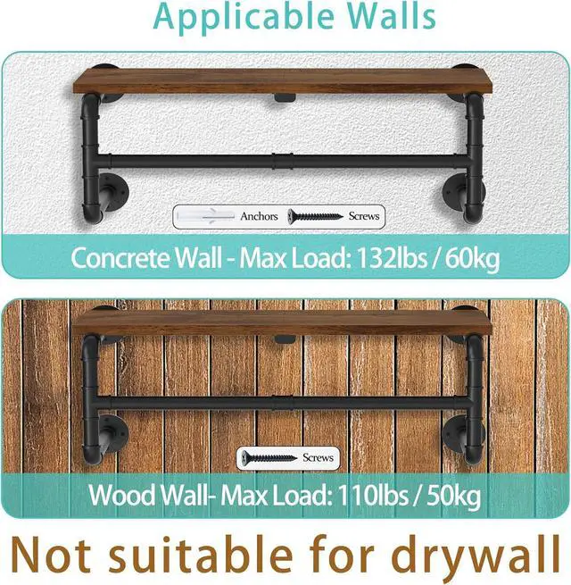 Alt view image 7 of 7 - Yawinhe Industrial Pipe Clothes Rack with Top Shelf, Wall Mounted, Space Saving Hanger with 4 Bases, for Shops, Homes, 27.5''Lx10.2''Wx10.2''H, Rustic Brown, 1-Pack