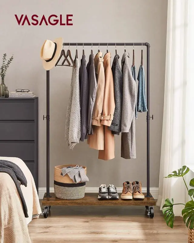 Alt view image 2 of 7 - VASAGLE Clothes Rack, Heavy Duty Clothing Rack, Industrial Pipe Style Rolling Garment Rack with Shelf, for Bedroom, Laundry Room, Retail Store, Rustic Brown and Black UHSR65BX