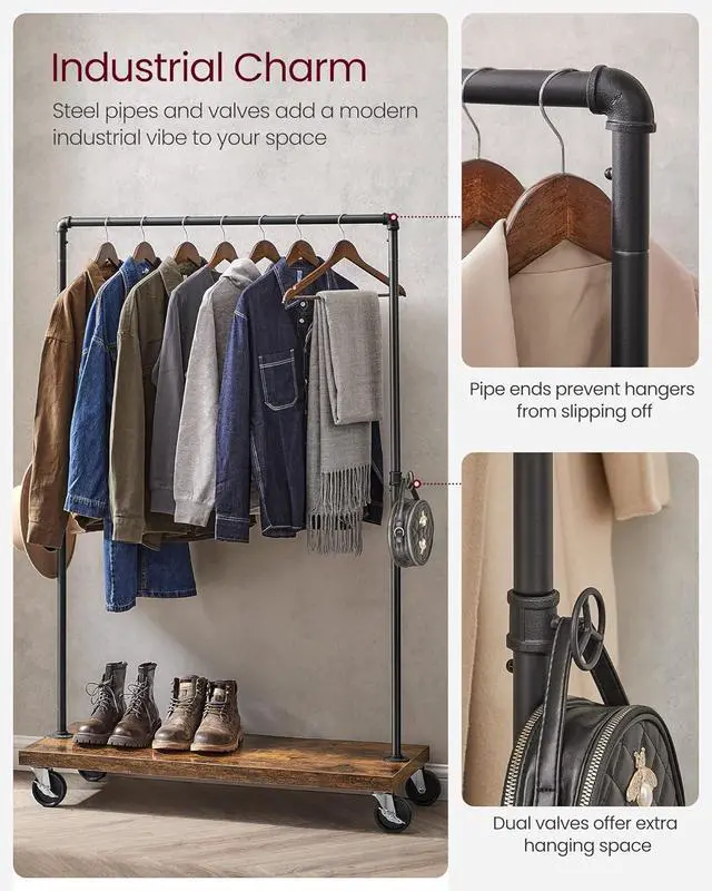 Alt view image 4 of 7 - VASAGLE Clothes Rack, Heavy Duty Clothing Rack, Industrial Pipe Style Rolling Garment Rack with Shelf, for Bedroom, Laundry Room, Retail Store, Rustic Brown and Black UHSR65BX