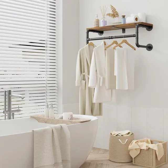 Alt view image 4 of 7 - Yawinhe Industrial Pipe Clothes Rack with Top Shelf, Wall Mounted, Space Saving Hanger with 4 Bases, for Shops, Homes, 27.5''Lx10.2''Wx10.2''H, Rustic Brown, 1-Pack