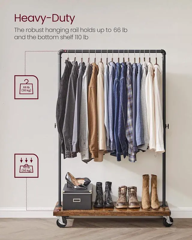Alt view image 3 of 7 - VASAGLE Clothes Rack, Heavy Duty Clothing Rack, Industrial Pipe Style Rolling Garment Rack with Shelf, for Bedroom, Laundry Room, Retail Store, Rustic Brown and Black UHSR65BX