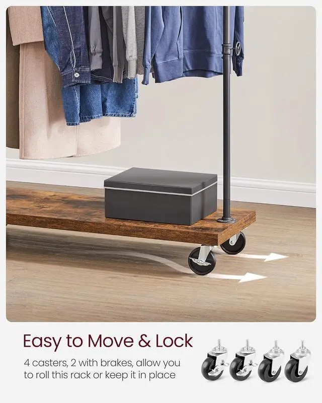 Alt view image 6 of 7 - VASAGLE Clothes Rack, Heavy Duty Clothing Rack, Industrial Pipe Style Rolling Garment Rack with Shelf, for Bedroom, Laundry Room, Retail Store, Rustic Brown and Black UHSR65BX