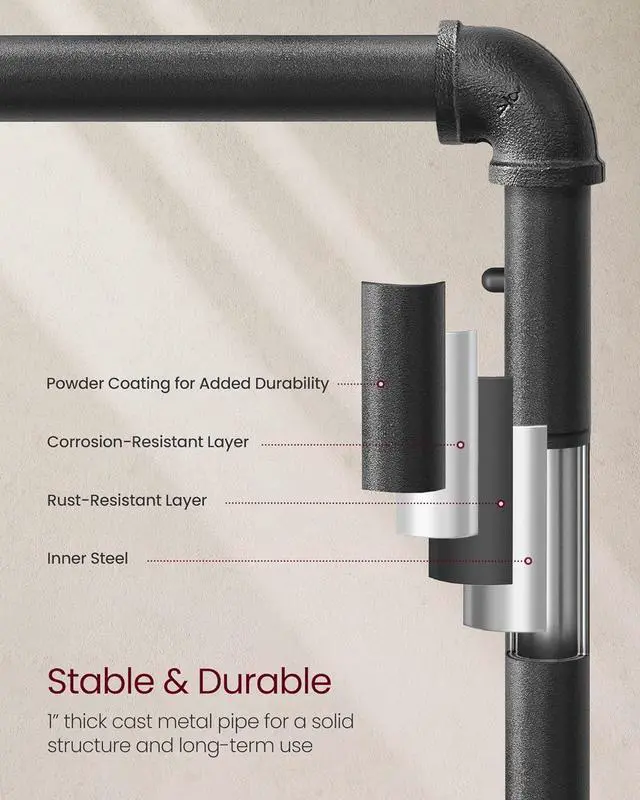 Alt view image 5 of 7 - VASAGLE Clothes Rack, Heavy Duty Clothing Rack, Industrial Pipe Style Rolling Garment Rack with Shelf, for Bedroom, Laundry Room, Retail Store, Rustic Brown and Black UHSR65BX