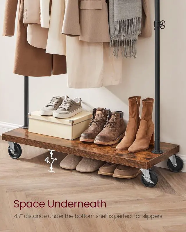 Alt view image 7 of 7 - VASAGLE Clothes Rack, Heavy Duty Clothing Rack, Industrial Pipe Style Rolling Garment Rack with Shelf, for Bedroom, Laundry Room, Retail Store, Rustic Brown and Black UHSR65BX