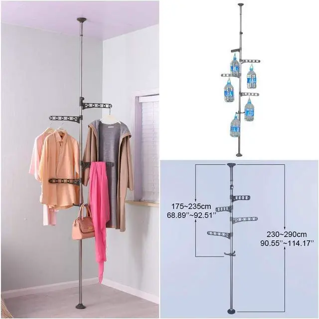 Alt view image 5 of 7 - BAOYOUNI 4-Tier Standing Clothes Laundry Drying Rack Coat Hanger Organizer Floor to Ceiling Adjustable Metal Corner Tension Pole, Grey
