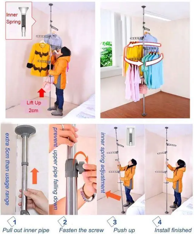 Alt view image 7 of 7 - BAOYOUNI 4-Tier Standing Clothes Laundry Drying Rack Coat Hanger Organizer Floor to Ceiling Adjustable Metal Corner Tension Pole, Grey