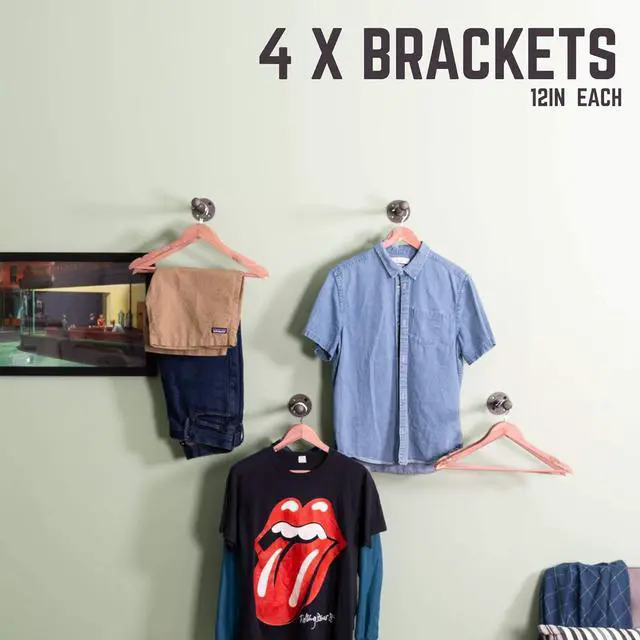 Alt view image 3 of 7 - PIPE DECOR Industrial Pipe Wall Mounted Clothing Rack, Commercial or Residential Wardrobe Clothes Display, Heavy Duty Rustic Vintage Steel Grey Black Metal Garment Bracket Frame, 4 X 12" Brackets