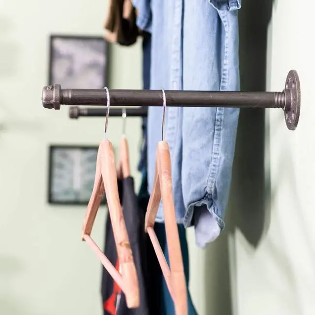 Alt view image 7 of 7 - PIPE DECOR Industrial Pipe Wall Mounted Clothing Rack, Commercial or Residential Wardrobe Clothes Display, Heavy Duty Rustic Vintage Steel Grey Black Metal Garment Bracket Frame, 4 X 12" Brackets