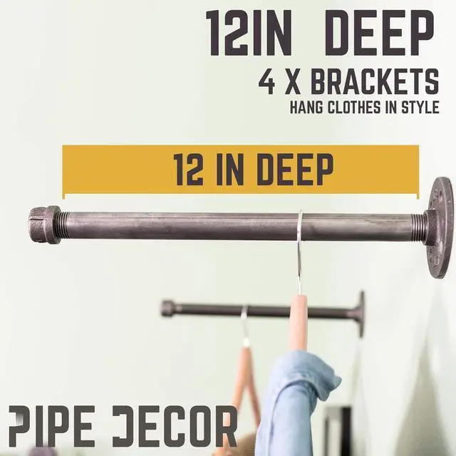 Alt view image 5 of 7 - PIPE DECOR Industrial Pipe Wall Mounted Clothing Rack, Commercial or Residential Wardrobe Clothes Display, Heavy Duty Rustic Vintage Steel Grey Black Metal Garment Bracket Frame, 4 X 12" Brackets