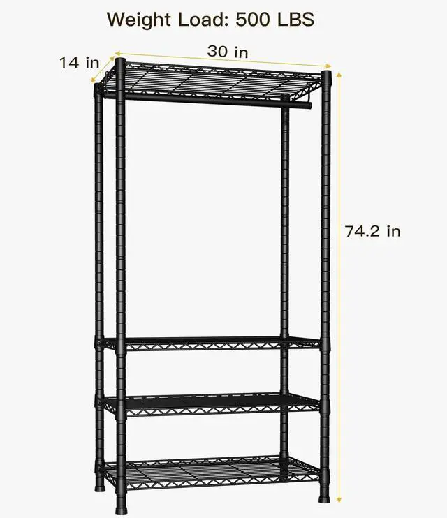 Alt view image 3 of 7 - Ulif H2 Heavy Duty Clothes Rack, Freestanding 4 Tiers Garment Rack for Hanging Clothes with Shelves and Hangers, Closet Organizers and Storage Metal Closet Wardrobe System, Max Load 500 LBS, Black