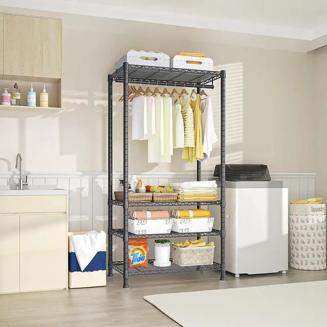 Alt view image 5 of 7 - Ulif H2 Heavy Duty Clothes Rack, Freestanding 4 Tiers Garment Rack for Hanging Clothes with Shelves and Hangers, Closet Organizers and Storage Metal Closet Wardrobe System, Max Load 500 LBS, Black