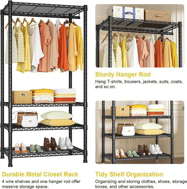Alt view image 6 of 7 - Ulif H2 Heavy Duty Clothes Rack, Freestanding 4 Tiers Garment Rack for Hanging Clothes with Shelves and Hangers, Closet Organizers and Storage Metal Closet Wardrobe System, Max Load 500 LBS, Black