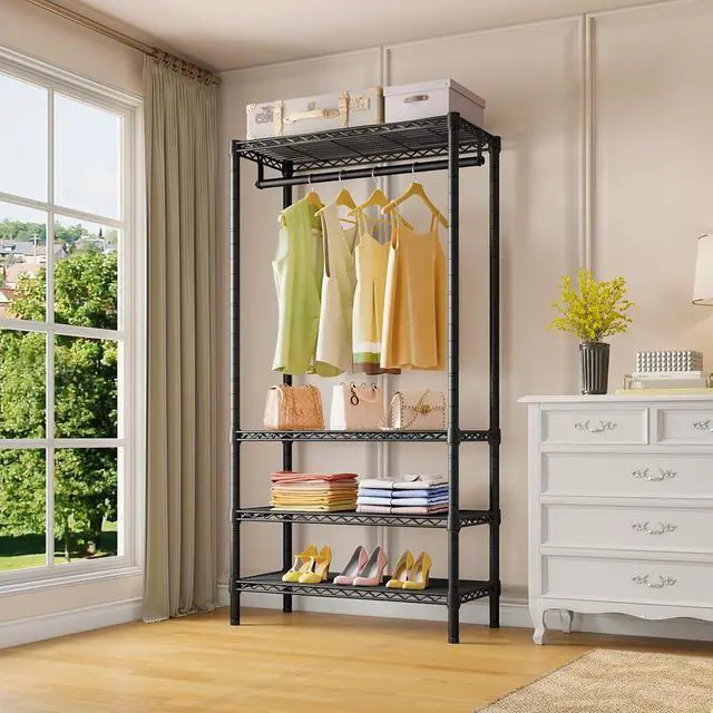 Alt view image 2 of 7 - VIPEK V1 Medium Portable Garment Racks 440lbs Load Capacity, Heavy Duty Clothes Rack with 4 Tiers Adjustable Shelves & Hanging Rod, Compact Space-Saving Storage for Small Apartments/Dorms (Black)