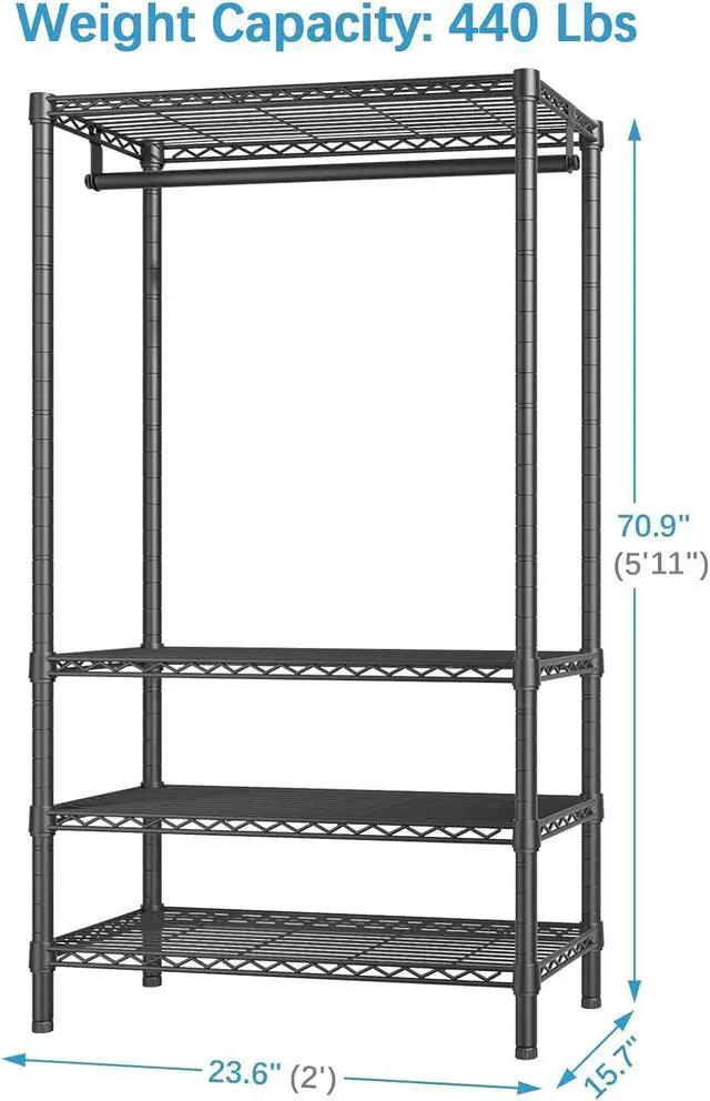Alt view image 6 of 7 - VIPEK V1 Medium Portable Garment Racks 440lbs Load Capacity, Heavy Duty Clothes Rack with 4 Tiers Adjustable Shelves & Hanging Rod, Compact Space-Saving Storage for Small Apartments/Dorms (Black)