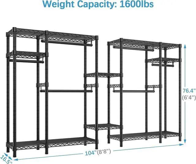 Alt view image 3 of 7 - VIPEK V22S Extra Large Clothes Rack, Heavy Duty Clothing Rack, Portable Wardrobe Closet, Freestanding Closet System with Adjustable 8 Shelves & 6 Hang Rods - Max Load 1600lbs, Black, (2 Packages)
