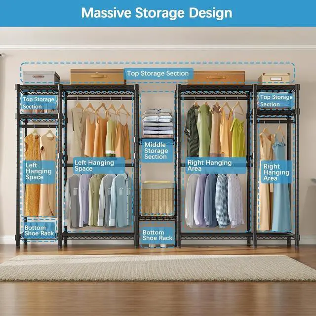 Alt view image 4 of 7 - VIPEK V22S Extra Large Clothes Rack, Heavy Duty Clothing Rack, Portable Wardrobe Closet, Freestanding Closet System with Adjustable 8 Shelves & 6 Hang Rods - Max Load 1600lbs, Black, (2 Packages)