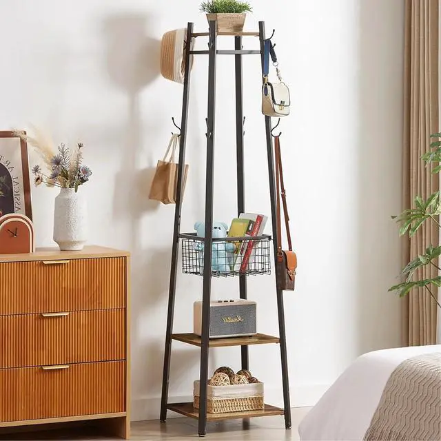 Main image of VECELO Coat Rack Freestanding, Entryway Clothes Stand with Metal Basket and 2 Shelves, Upgrade Hall Trees with 8 Dual Hooks for Bags, Hats, and Umbrellas, Industrial Styles, Vintage Brown+ Black