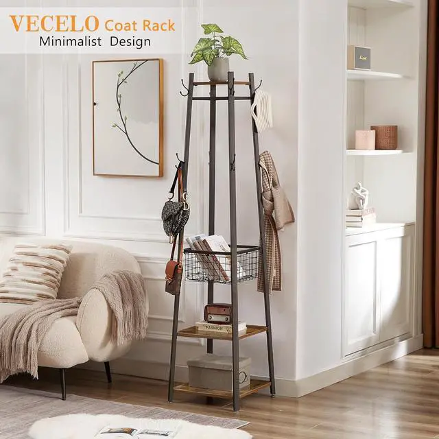 Alt view image 2 of 7 - VECELO Coat Rack Freestanding, Entryway Clothes Stand with Metal Basket and 2 Shelves, Upgrade Hall Trees with 8 Dual Hooks for Bags, Hats, and Umbrellas, Industrial Styles, Vintage Brown+ Black