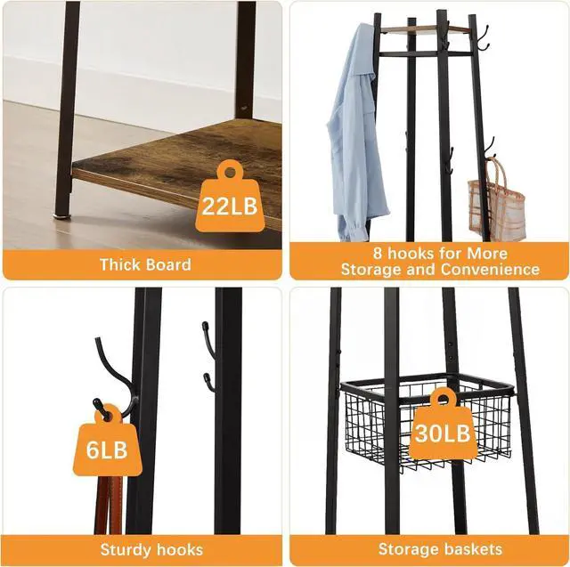 Alt view image 3 of 7 - VECELO Coat Rack Freestanding, Entryway Clothes Stand with Metal Basket and 2 Shelves, Upgrade Hall Trees with 8 Dual Hooks for Bags, Hats, and Umbrellas, Industrial Styles, Vintage Brown+ Black