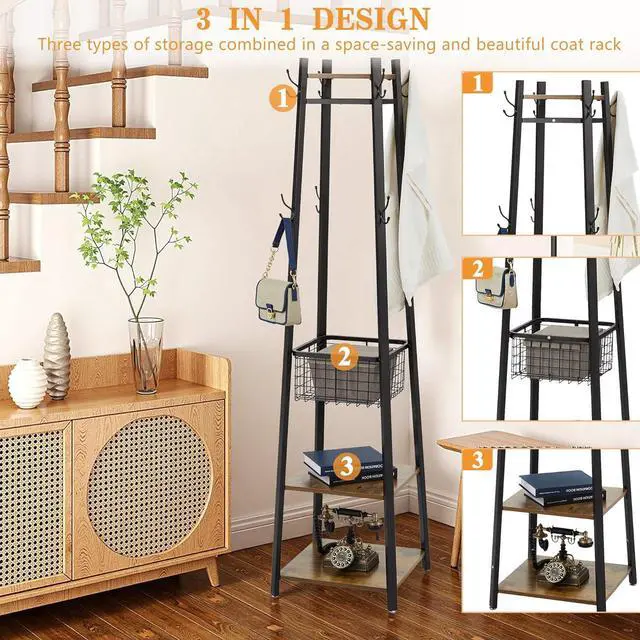Alt view image 4 of 7 - VECELO Coat Rack Freestanding, Entryway Clothes Stand with Metal Basket and 2 Shelves, Upgrade Hall Trees with 8 Dual Hooks for Bags, Hats, and Umbrellas, Industrial Styles, Vintage Brown+ Black