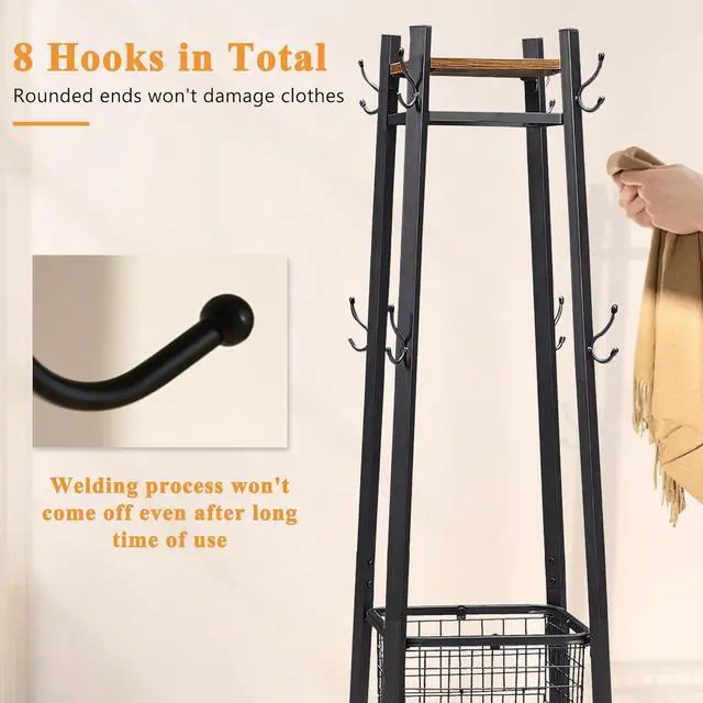 Alt view image 5 of 7 - VECELO Coat Rack Freestanding, Entryway Clothes Stand with Metal Basket and 2 Shelves, Upgrade Hall Trees with 8 Dual Hooks for Bags, Hats, and Umbrellas, Industrial Styles, Vintage Brown+ Black