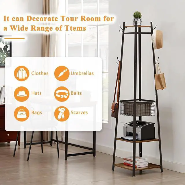 Alt view image 6 of 7 - VECELO Coat Rack Freestanding, Entryway Clothes Stand with Metal Basket and 2 Shelves, Upgrade Hall Trees with 8 Dual Hooks for Bags, Hats, and Umbrellas, Industrial Styles, Vintage Brown+ Black