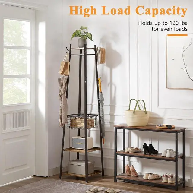 Alt view image 7 of 7 - VECELO Coat Rack Freestanding, Entryway Clothes Stand with Metal Basket and 2 Shelves, Upgrade Hall Trees with 8 Dual Hooks for Bags, Hats, and Umbrellas, Industrial Styles, Vintage Brown+ Black