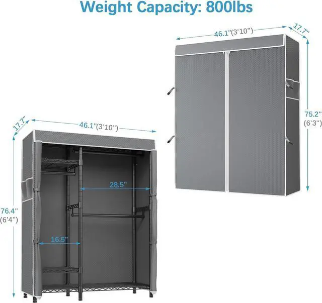 Alt view image 5 of 7 - VIPEK V2SC Heavy Duty Clothes Rack with Grey Upgraded Polyester Cover, Freestanding Wardrobe Closet with Adjustable Shelves & Hang Rods, Portable Closet for Bedroom, Max Load 800LBS
