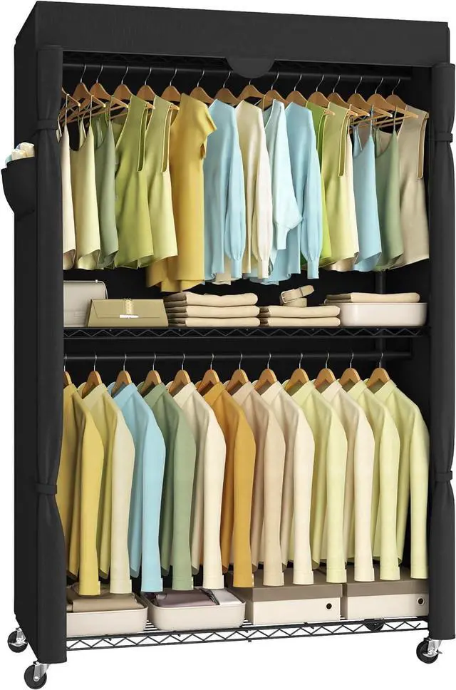 Main image of SONGMICS Heavy-Duty Rolling Clothes Rack, Garment Rack, Portable Closet, 43.3-Inch Wide Clothing Rack on Wheels, with Adjustable Mesh Shelves and Hanging Rails, Fabric Cover, Ink Black ULGR415B01