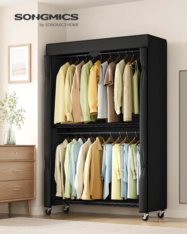 Alt view image 2 of 7 - SONGMICS Heavy-Duty Rolling Clothes Rack, Garment Rack, Portable Closet, 43.3-Inch Wide Clothing Rack on Wheels, with Adjustable Mesh Shelves and Hanging Rails, Fabric Cover, Ink Black ULGR415B01