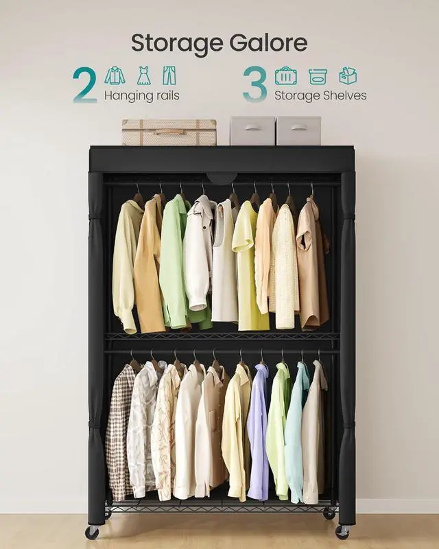 Alt view image 3 of 7 - SONGMICS Heavy-Duty Rolling Clothes Rack, Garment Rack, Portable Closet, 43.3-Inch Wide Clothing Rack on Wheels, with Adjustable Mesh Shelves and Hanging Rails, Fabric Cover, Ink Black ULGR415B01