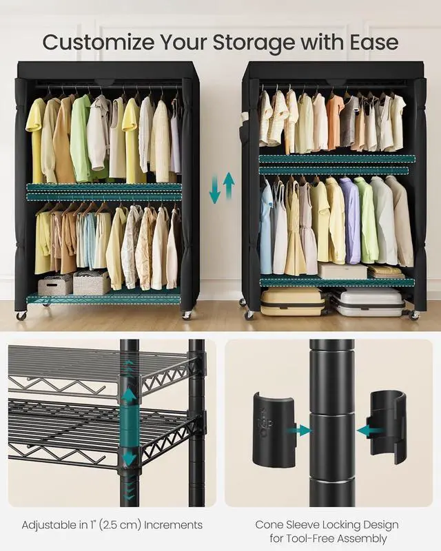 Alt view image 4 of 7 - SONGMICS Heavy-Duty Rolling Clothes Rack, Garment Rack, Portable Closet, 43.3-Inch Wide Clothing Rack on Wheels, with Adjustable Mesh Shelves and Hanging Rails, Fabric Cover, Ink Black ULGR415B01