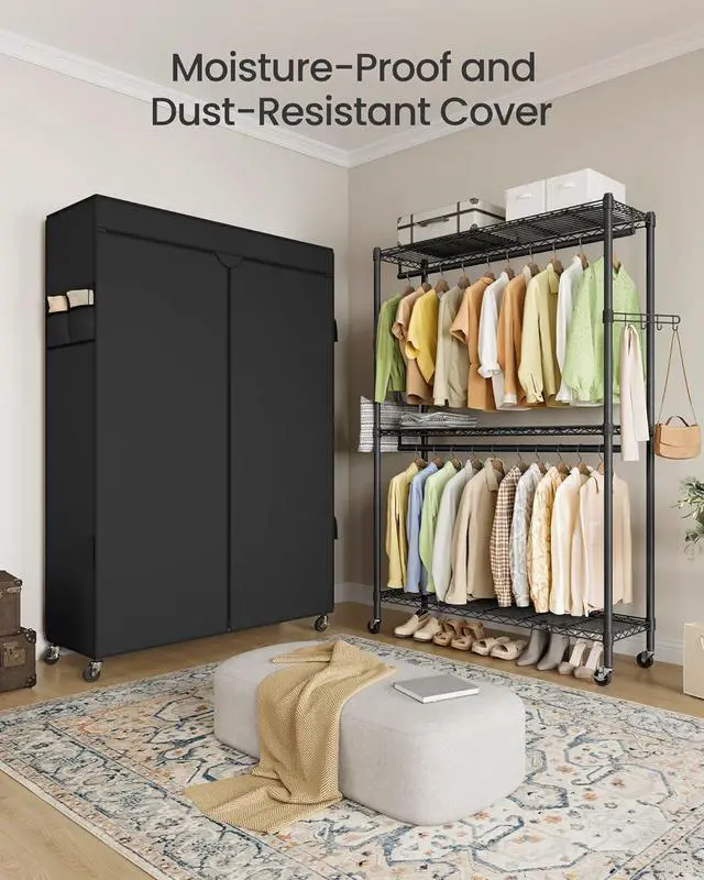 Alt view image 5 of 7 - SONGMICS Heavy-Duty Rolling Clothes Rack, Garment Rack, Portable Closet, 43.3-Inch Wide Clothing Rack on Wheels, with Adjustable Mesh Shelves and Hanging Rails, Fabric Cover, Ink Black ULGR415B01