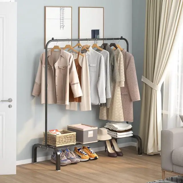 Alt view image 3 of 7 - Clothes Rack Metal Clothing Rack with Bottom Shelf Garment Rack for Hanging Clothes Shirts Jeans and Coats Black