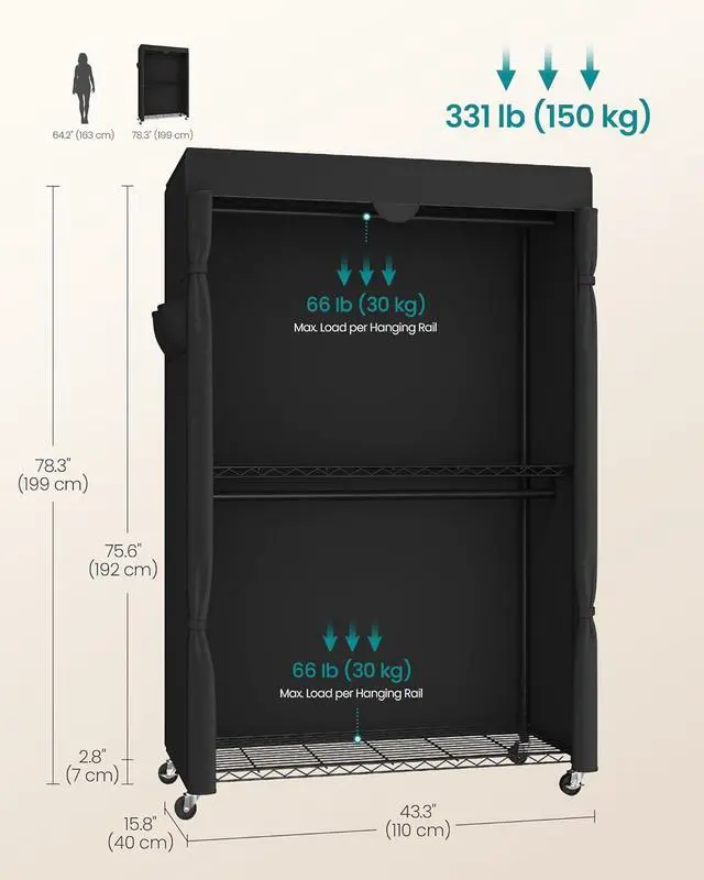Alt view image 6 of 7 - SONGMICS Heavy-Duty Rolling Clothes Rack, Garment Rack, Portable Closet, 43.3-Inch Wide Clothing Rack on Wheels, with Adjustable Mesh Shelves and Hanging Rails, Fabric Cover, Ink Black ULGR415B01