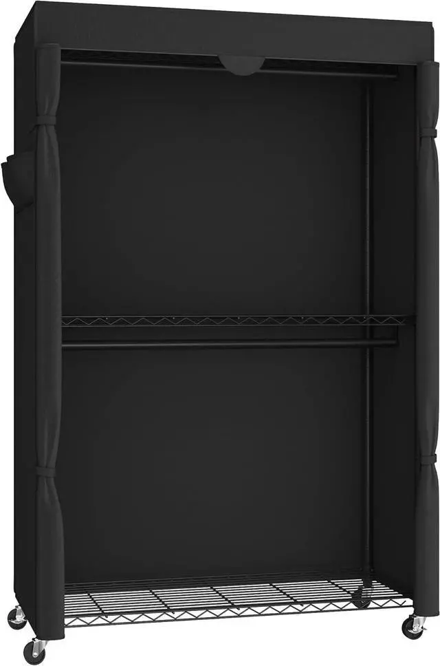 Alt view image 7 of 7 - SONGMICS Heavy-Duty Rolling Clothes Rack, Garment Rack, Portable Closet, 43.3-Inch Wide Clothing Rack on Wheels, with Adjustable Mesh Shelves and Hanging Rails, Fabric Cover, Ink Black ULGR415B01