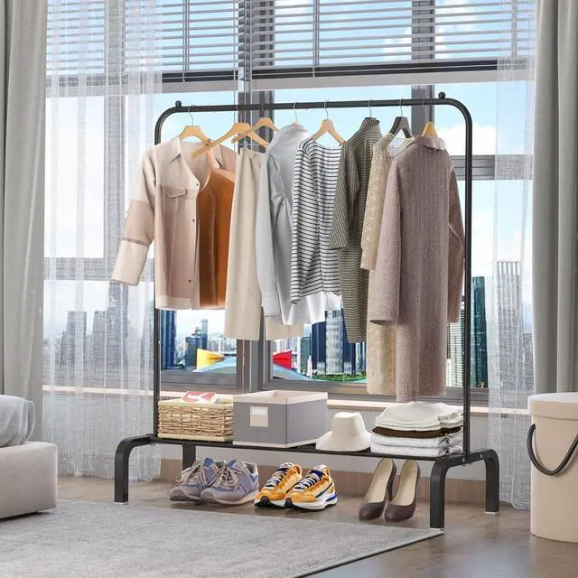 Alt view image 4 of 7 - Clothes Rack Metal Clothing Rack with Bottom Shelf Garment Rack for Hanging Clothes Shirts Jeans and Coats Black