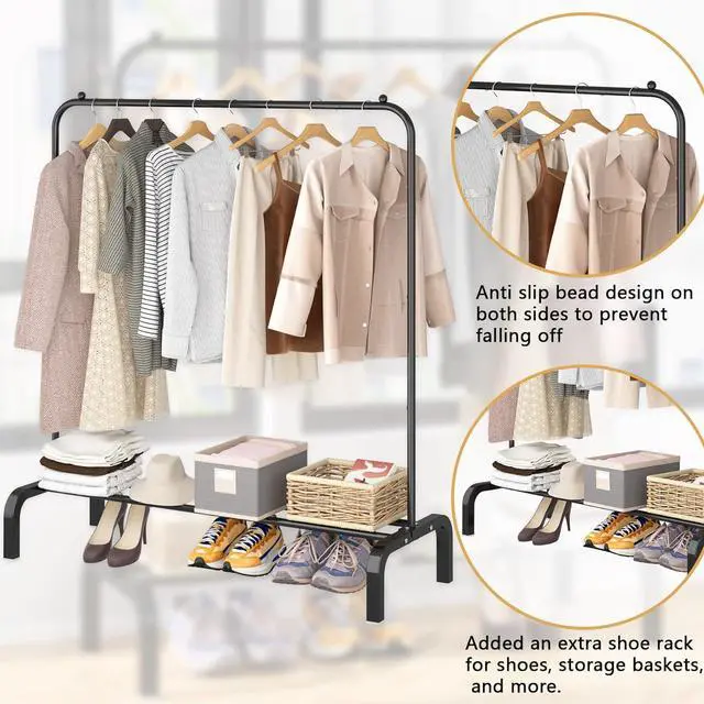 Alt view image 5 of 7 - Clothes Rack Metal Clothing Rack with Bottom Shelf Garment Rack for Hanging Clothes Shirts Jeans and Coats Black