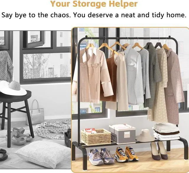 Alt view image 6 of 7 - Clothes Rack Metal Clothing Rack with Bottom Shelf Garment Rack for Hanging Clothes Shirts Jeans and Coats Black