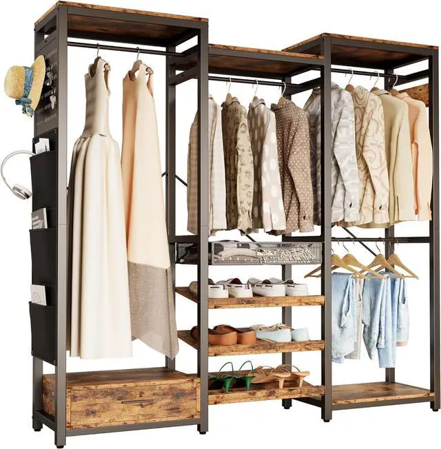 Main image of IRONCK Clothes Rack with 3 tier Shelves for Shoes & 2 Drawers, Heavy Duty Garment Rack with Hanging Rods, Closet Organizers and Storage, Vintage Brown