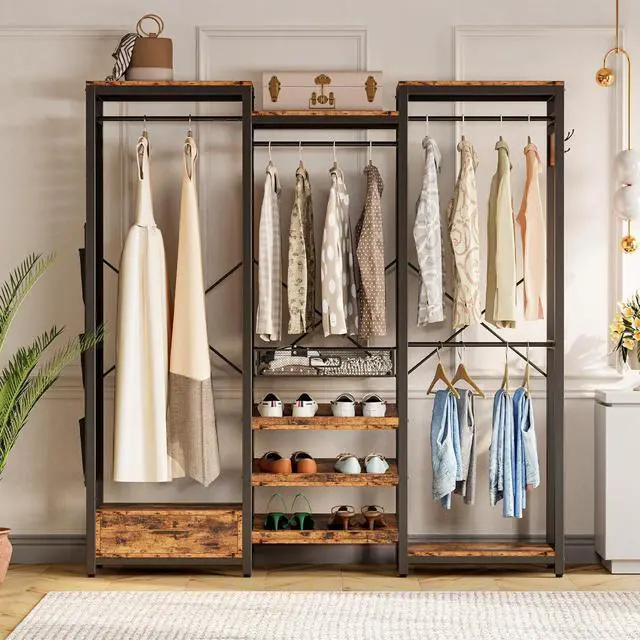 Alt view image 2 of 7 - IRONCK Clothes Rack with 3 tier Shelves for Shoes & 2 Drawers, Heavy Duty Garment Rack with Hanging Rods, Closet Organizers and Storage, Vintage Brown