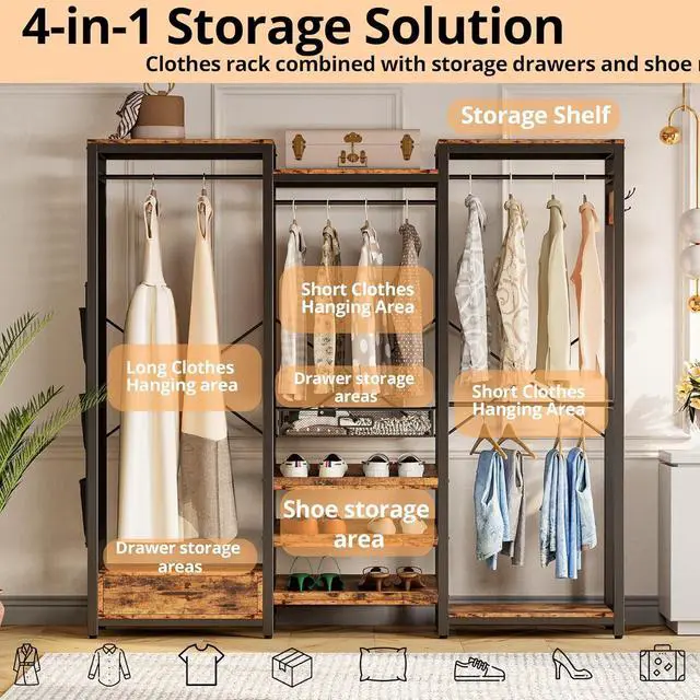 Alt view image 3 of 7 - IRONCK Clothes Rack with 3 tier Shelves for Shoes & 2 Drawers, Heavy Duty Garment Rack with Hanging Rods, Closet Organizers and Storage, Vintage Brown