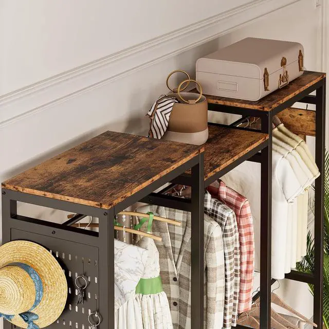 Alt view image 6 of 7 - IRONCK Clothes Rack with 3 tier Shelves for Shoes & 2 Drawers, Heavy Duty Garment Rack with Hanging Rods, Closet Organizers and Storage, Vintage Brown