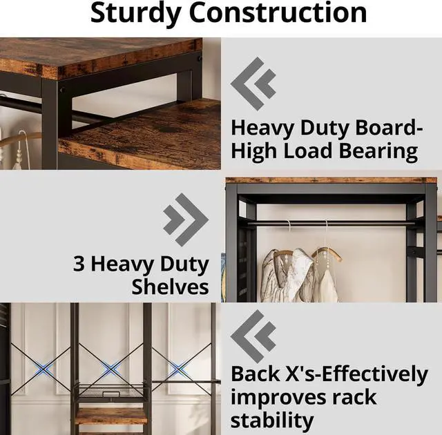 Alt view image 7 of 7 - IRONCK Clothes Rack with 3 tier Shelves for Shoes & 2 Drawers, Heavy Duty Garment Rack with Hanging Rods, Closet Organizers and Storage, Vintage Brown