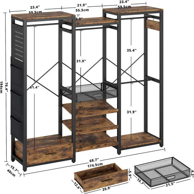 Alt view image 5 of 7 - IRONCK Clothes Rack with 3 tier Shelves for Shoes & 2 Drawers, Heavy Duty Garment Rack with Hanging Rods, Closet Organizers and Storage, Vintage Brown
