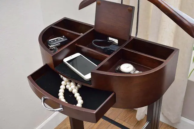 Alt view image 4 of 7 - Proman Products - Crescent Moon Valet, Mens Valet Stand with Drawer, Top Tray, Contour Hanger, Trouser Bar, Belt Hooks & Shoe Rack, Accessory & Clothes Organizer (Mahogany)