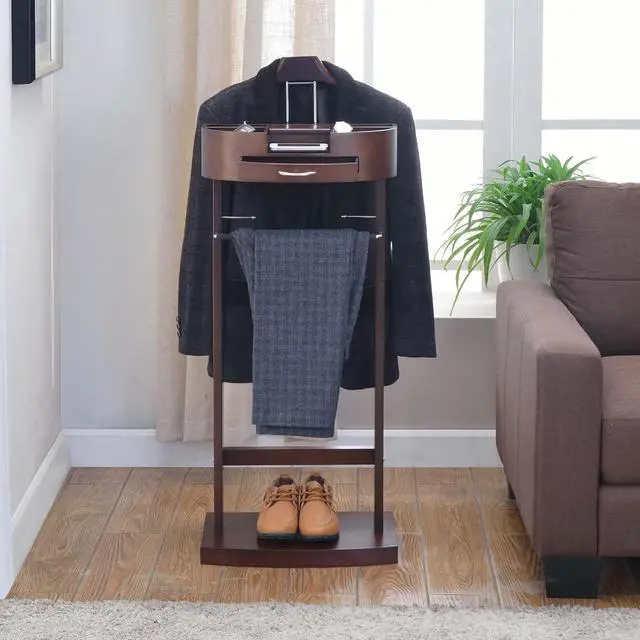 Alt view image 6 of 7 - Proman Products - Crescent Moon Valet, Mens Valet Stand with Drawer, Top Tray, Contour Hanger, Trouser Bar, Belt Hooks & Shoe Rack, Accessory & Clothes Organizer (Mahogany)