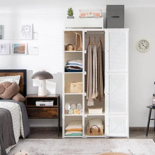 Alt view image 3 of 7 - Tangkula Portable Closet Wardrobe, Foldable Clothes Organizer with Cubby Storage, Hanging Rods, Easy Assemble Clothing Storage with Magnet Doors, Folding Bedroom Armoire (10 Cubbies & 2 Rods)