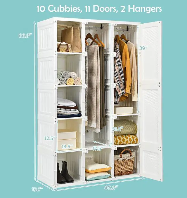 Alt view image 4 of 7 - Tangkula Portable Closet Wardrobe, Foldable Clothes Organizer with Cubby Storage, Hanging Rods, Easy Assemble Clothing Storage with Magnet Doors, Folding Bedroom Armoire (10 Cubbies & 2 Rods)