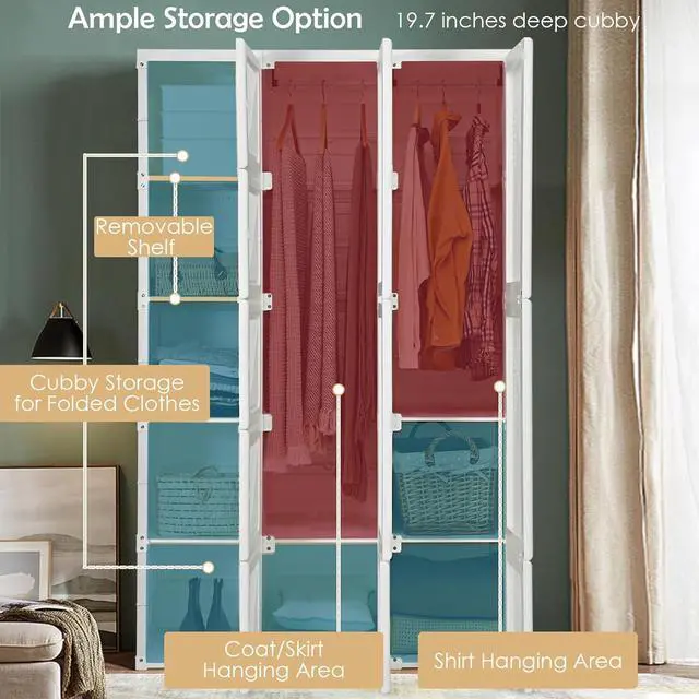 Alt view image 5 of 7 - Tangkula Portable Closet Wardrobe, Foldable Clothes Organizer with Cubby Storage, Hanging Rods, Easy Assemble Clothing Storage with Magnet Doors, Folding Bedroom Armoire (10 Cubbies & 2 Rods)